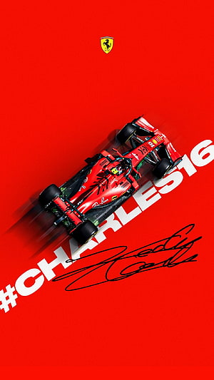 Charles Leclerc Ferrari F1 Car with Signature on Red Background HD phone wallpaper