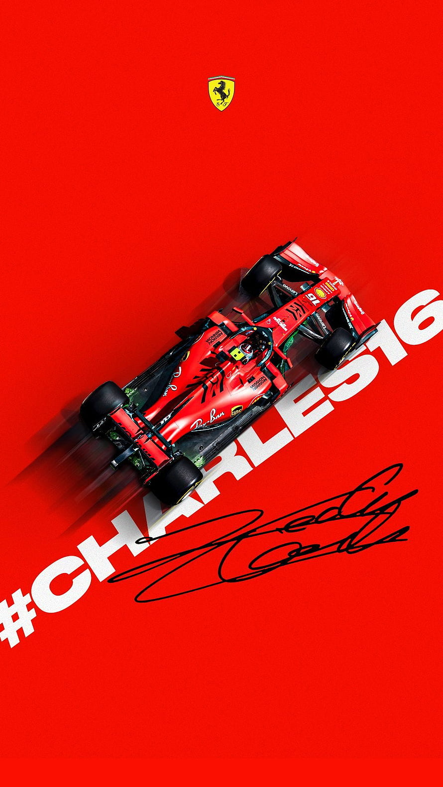 Charles Leclerc Ferrari F1 Car with Signature on Red Background HD phone wallpaper