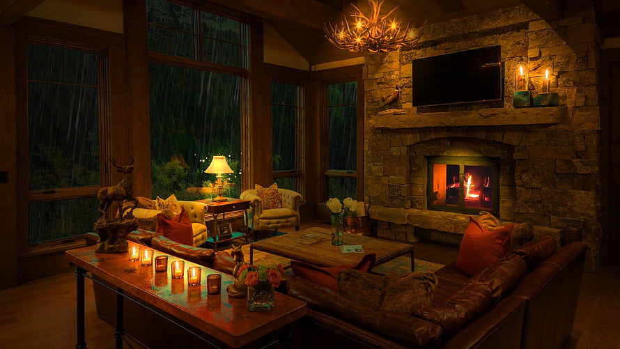 Cozy rustic manor living room with stone fireplace and rain outside HD wallpaper