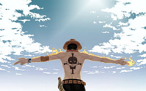 Portgas D. Ace from One Piece with arms outstretched and flames on his back HD wallpaper