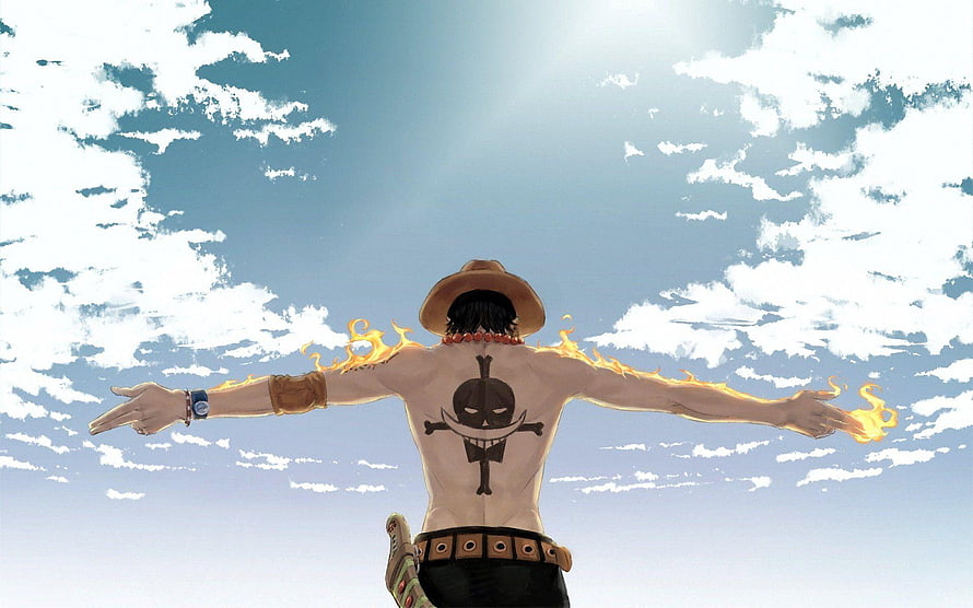 Portgas D. Ace from One Piece with arms outstretched and flames on his back HD wallpaper