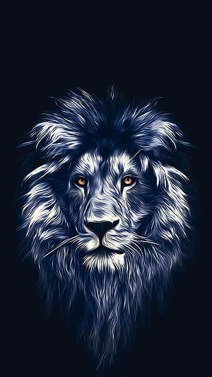 Majestic Blue Lion Portrait with Glowing Amber Eyes on Dark Background HD phone wallpaper