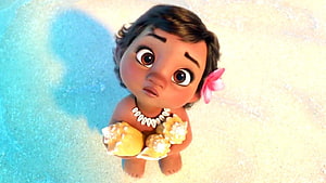 Baby Moana holding seashells on a tropical beach with a pink flower in her hair HD wallpaper