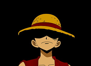 Luffy from One Piece in a somber close-up portrait wearing his iconic straw hat against a dark background HD wallpaper