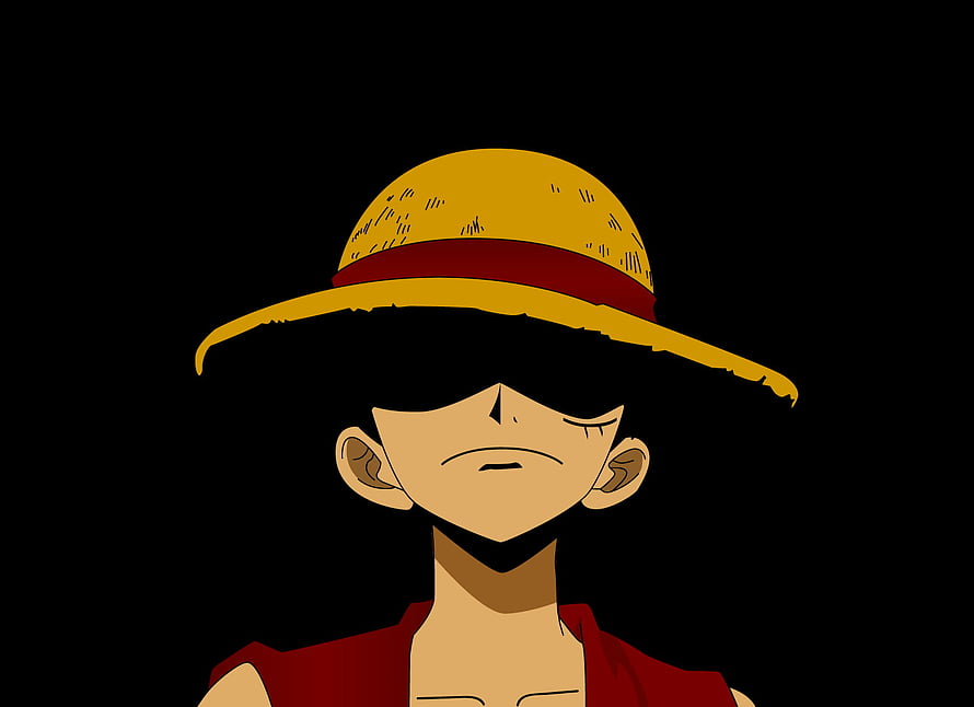 Luffy from One Piece in a somber close-up portrait wearing his iconic straw hat against a dark background HD wallpaper