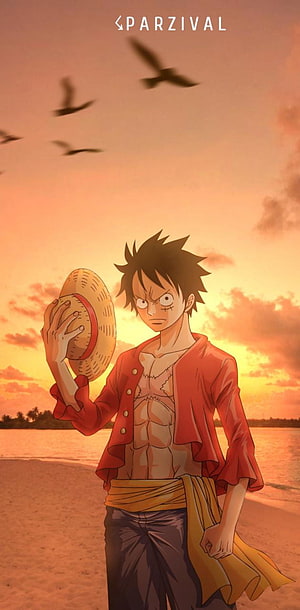 Monkey D. Luffy Holding Straw Hat on Beach at Sunset Anime Wallpaper HD phone wallpaper