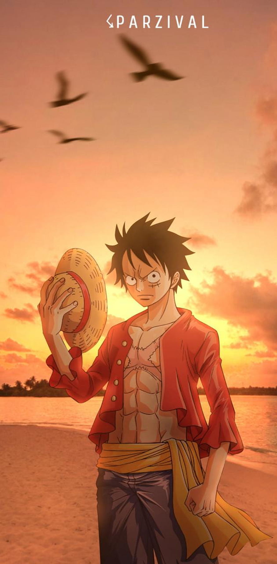 Monkey D. Luffy Holding Straw Hat on Beach at Sunset Anime Wallpaper HD phone wallpaper