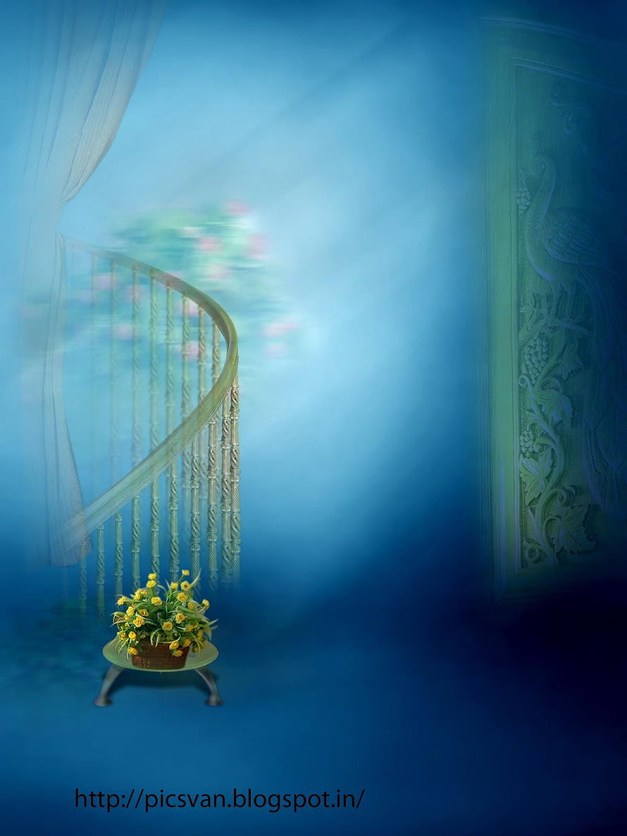 Dreamy Blue Interior with Spiral Staircase and Yellow Flowers HD phone wallpaper