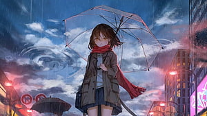 Anime Girl With Transparent Umbrella In Rainy City Street HD wallpaper