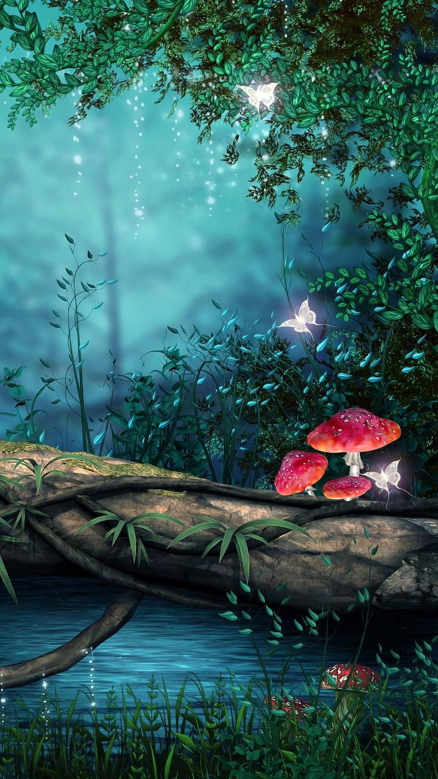 Magical Enchanted Forest with Glowing Mushrooms and Fireflies HD phone wallpaper