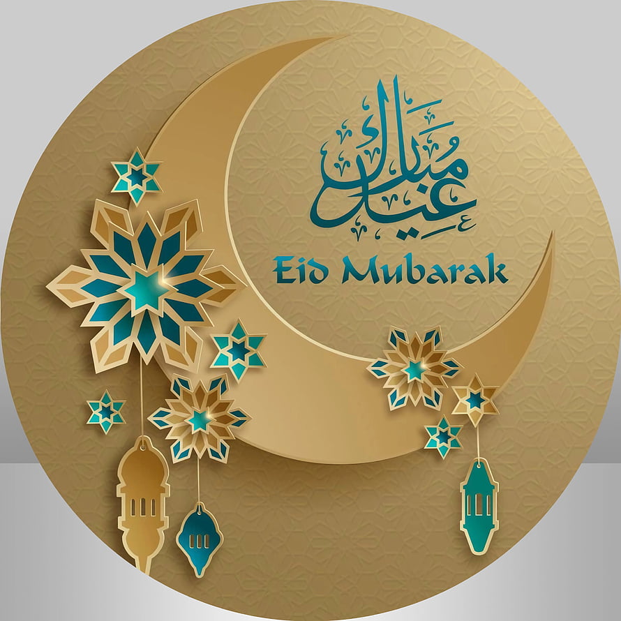 Eid Mubarak Greeting Card with Crescent Moon, Islamic Calligraphy, and Ornamental Lanterns HD phone wallpaper