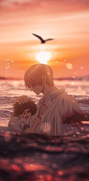 Shanks and Luffy in the Ocean at Sunset by Mizumaru HD phone wallpaper