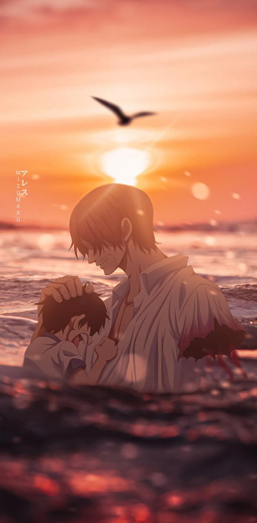 Shanks and Luffy in the Ocean at Sunset by Mizumaru HD phone wallpaper