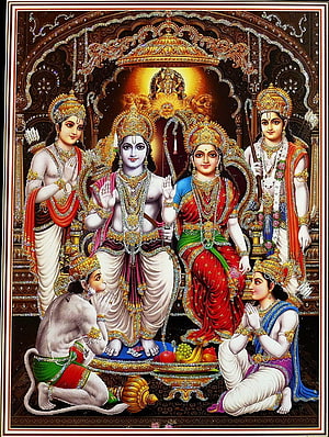 Ram Darbar: Lord Rama, Sita, Lakshmana, Hanuman, and Bharata in Traditional Indian Art HD phone wallpaper