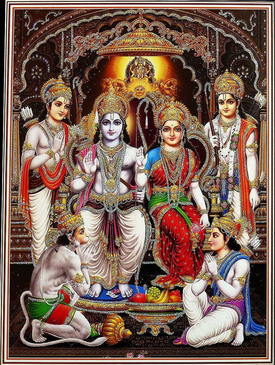 Ram Darbar: Lord Rama, Sita, Lakshmana, Hanuman, and Bharata in Traditional Indian Art HD phone wallpaper
