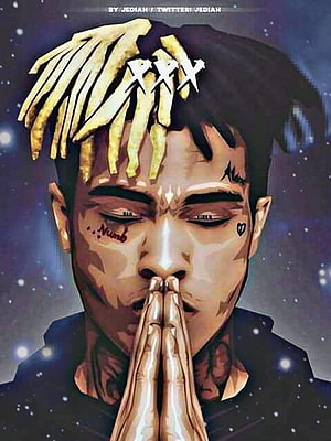 XXXTentacion digital art portrait with hands clasped in prayer against a starry background HD phone wallpaper