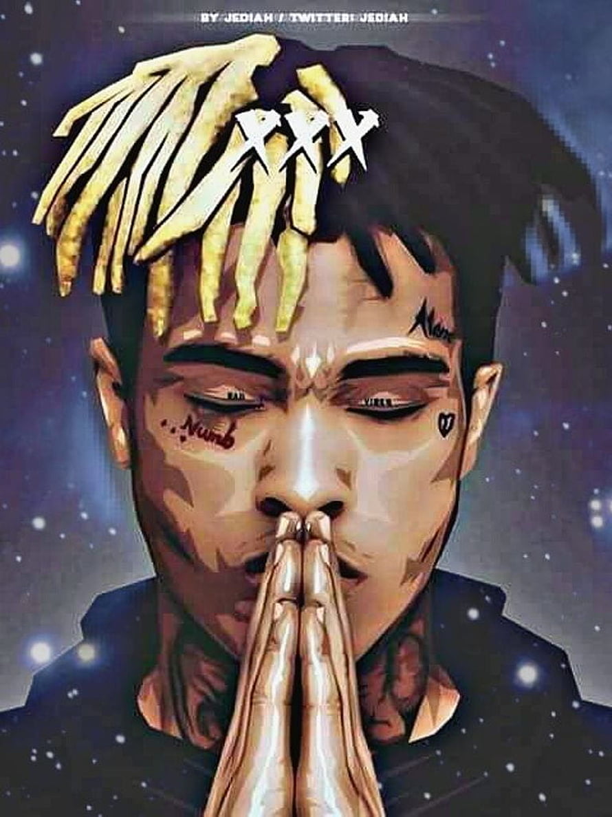 XXXTentacion digital art portrait with hands clasped in prayer against a starry background HD phone wallpaper