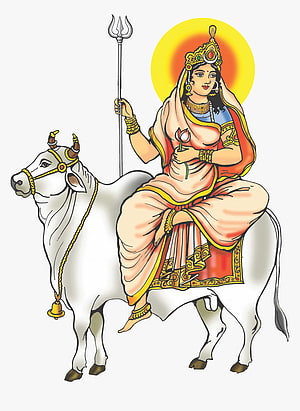 Illustration of Hindu Goddess Parvati Riding Bull Nandi with Trishul and Lotus HD phone wallpaper