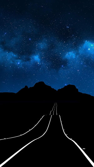 Endless Road Under Starry Night Sky With Mountain Silhouette HD phone wallpaper