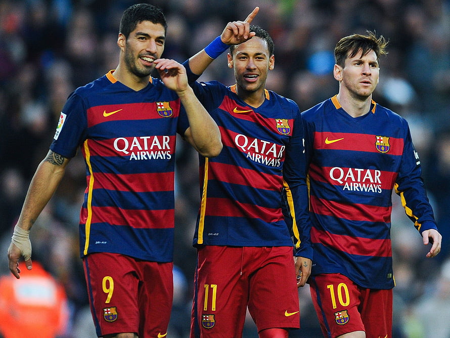 MSN Trio in Barcelona Home Kits: Messi, Neymar, and Suarez on the Pitch HD wallpaper