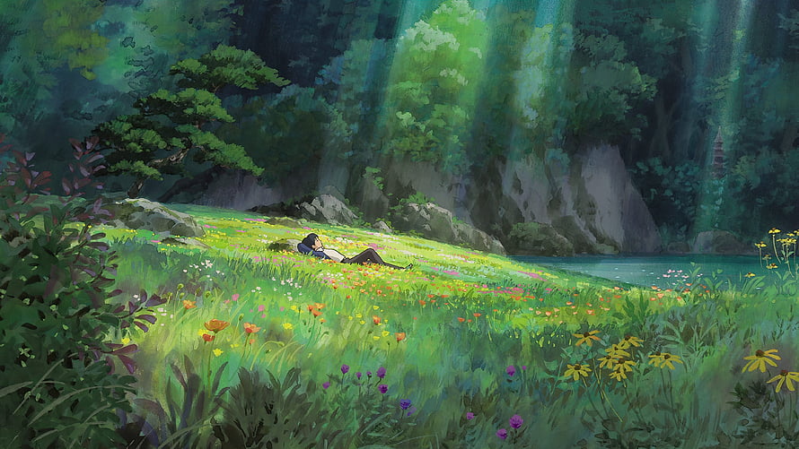 Anime Girl Relaxing in Lush Green Meadow with Sunbeams and Wildflowers HD wallpaper