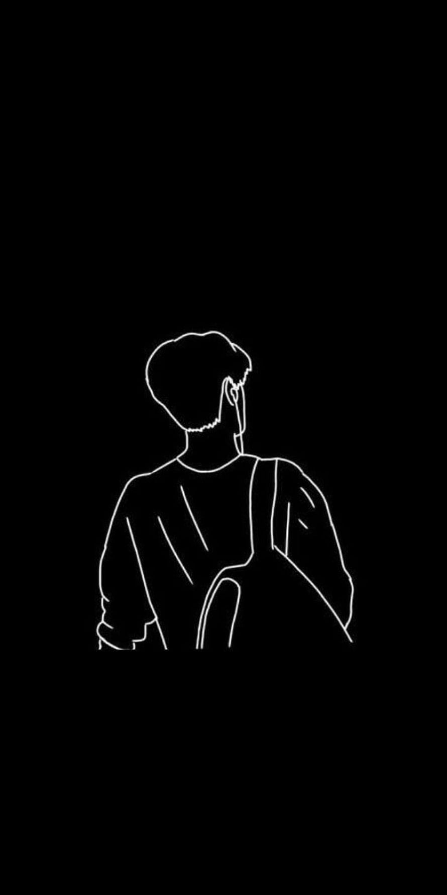 Minimalist White Line Art of Boy With Backpack On Black Background HD phone wallpaper