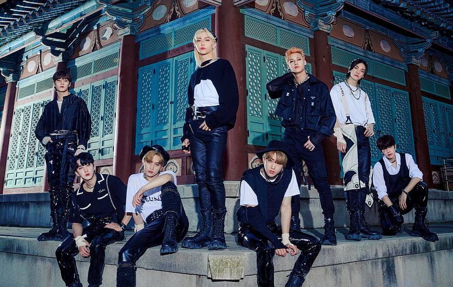 Stray Kids Group Photo in Black Streetwear at Traditional Korean Palace HD wallpaper