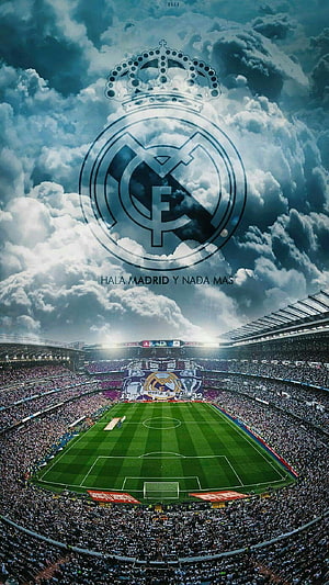 Real Madrid CF Stadium Atmosphere With Cloudy Sky And Team Crest HD phone wallpaper