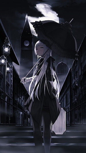 Silver-Haired Anime Girl Holding a Black Parasol in a Moonlit Gothic Street HD phone wallpaper