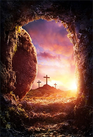 View of Three Crosses on Golgotha Through a Cave Opening at Sunset HD phone wallpaper