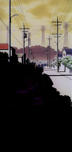 Serial Experiments Lain Japanese Anime Suburban Street Scene with Power Lines and Twilight Sky HD phone wallpaper