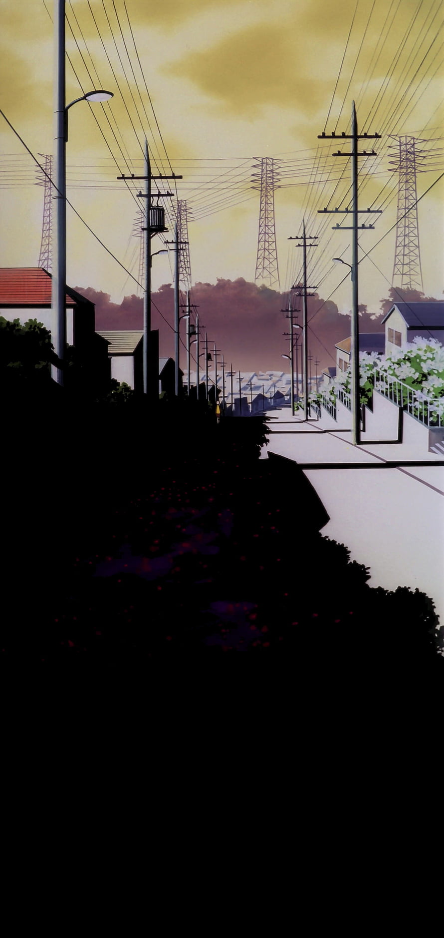 Serial Experiments Lain Japanese Anime Suburban Street Scene with Power Lines and Twilight Sky HD phone wallpaper
