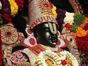 Ornate Black Stone Idol of Lord Venkateswara Adorned with Jewels and Flowers HD wallpaper