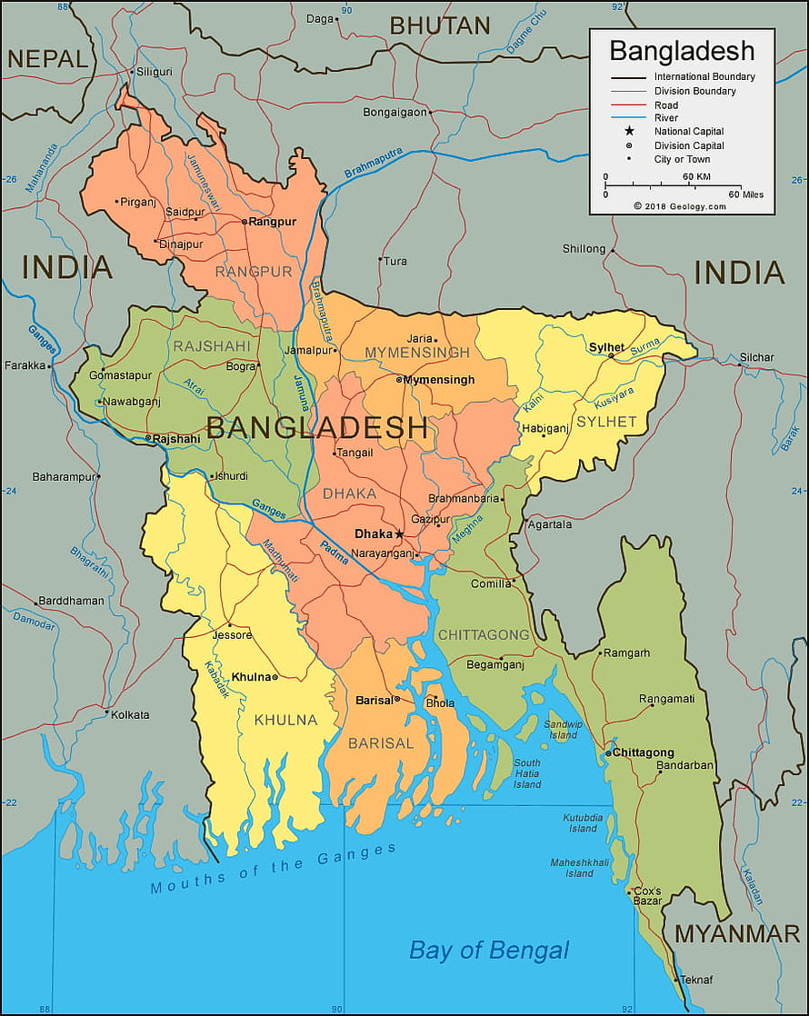 Detailed Political Map of Bangladesh Showing Divisions, Rivers, and Bay of Bengal HD phone wallpaper