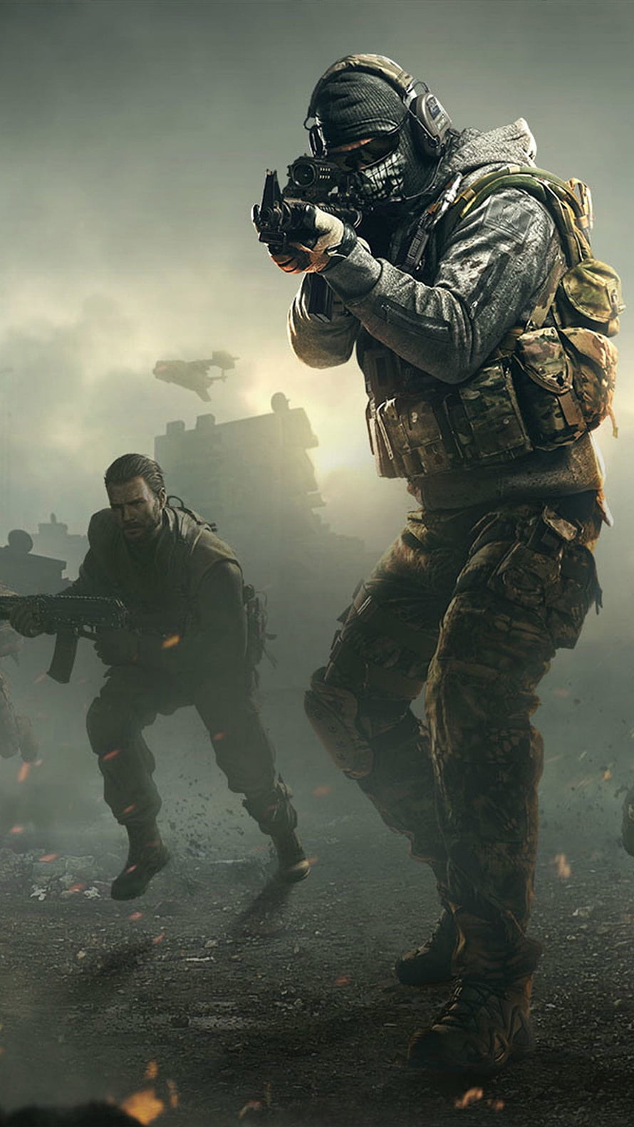 Tactical soldiers in combat gear advancing through a war-torn battlefield with smoke and debris HD phone wallpaper
