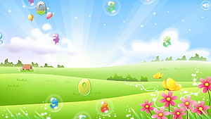 Colorful Number Bubbles Floating Over a Sunny Green Meadow with Flowers and Butterflies HD wallpaper