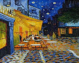 Van Gogh Cafe Terrace At Night Oil Painting with Starry Blue Sky and Cobblestone Street HD wallpaper