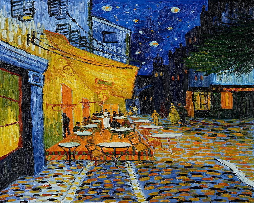 Van Gogh Cafe Terrace At Night Oil Painting with Starry Blue Sky and Cobblestone Street HD wallpaper
