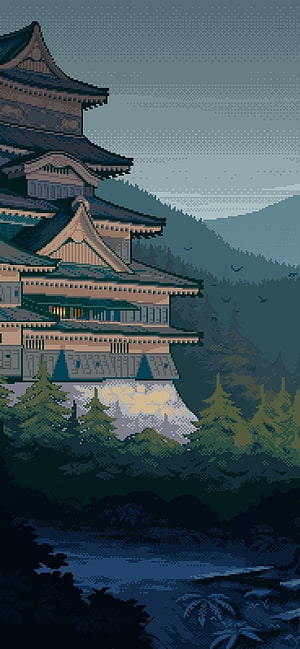 Pixel Art Japanese Castle at Night with Forest and Mountains HD phone wallpaper