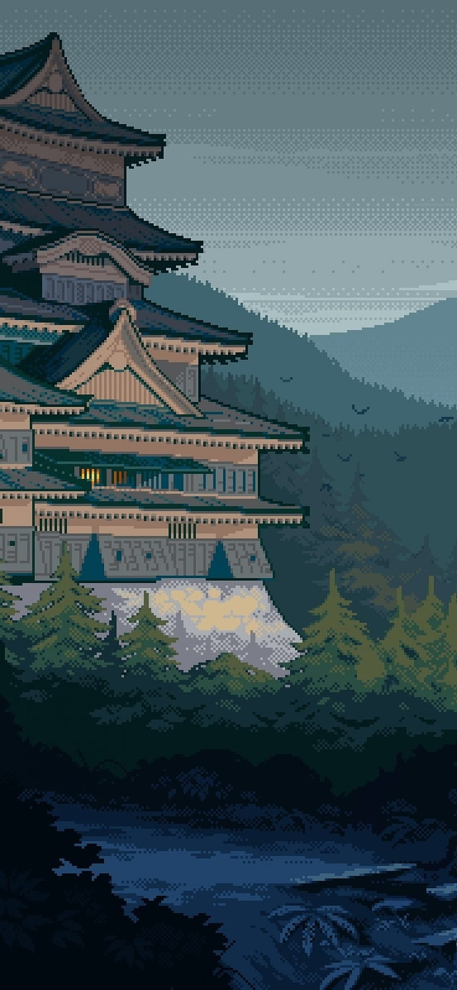 Pixel Art Japanese Castle at Night with Forest and Mountains HD phone wallpaper