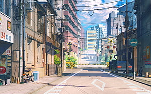 Sunny Japanese Street Scene with Railway Crossing and Urban Buildings HD wallpaper