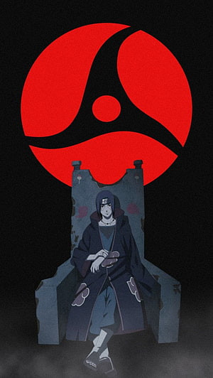 Itachi Uchiha Seated on Stone Throne with Uchiha Clan Crest HD phone wallpaper