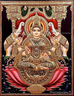 Gajalakshmi Tanjore Painting with Elephants and Gold Jewels HD phone wallpaper