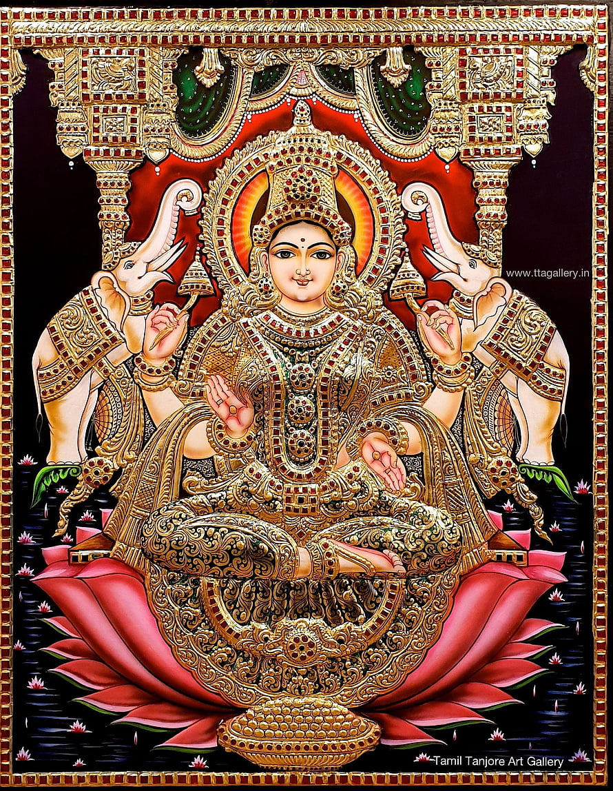 Gajalakshmi Tanjore Painting with Elephants and Gold Jewels HD phone wallpaper