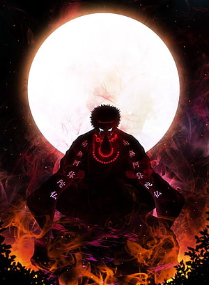 Gyomei Himejima Silhouette Meditating Before a Glowing Moon with Flame and Smoke HD phone wallpaper