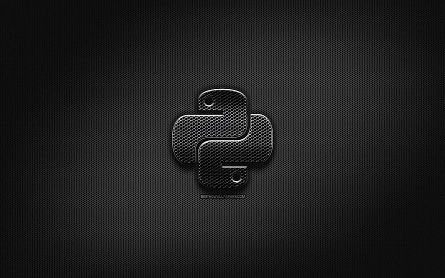 Sleek metallic Python logo emblem on a dark perforated carbon fiber surface HD wallpaper