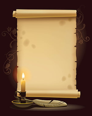 Vintage parchment scroll with quill pen and candle illustration HD phone wallpaper