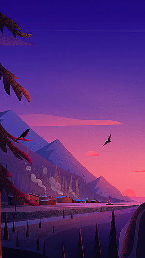 Stylized Winter Village at Sunset with Purple Mountains and Pine Trees HD phone wallpaper