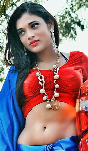 Indian Woman in Red Crop Top and Blue Saree with Pearl Necklace, Pin On Hot Bhabi, savita bhabhi HD phone wallpaper