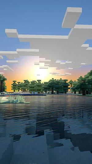 Minecraft Landscape Wallpaper Featuring Blocky Trees, Water Reflections, and a Vibrant Sunset Sky HD phone wallpaper